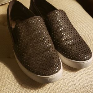 MICHAEL KORS 💫 Loafers Slip Ons Brown & Gold Monogram & Punched Stars Size 7.5